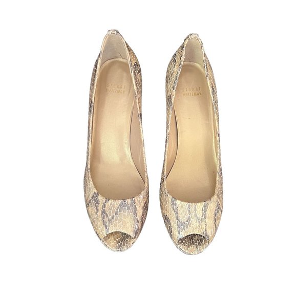 Stuart Weitzman Logo Plainfield Leather Snakeskin Peep-Toe Pump 9 Medium - Picture 4 of 16